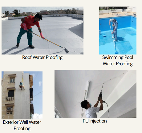 Roof waterproofing, swimming pool waterproofing, exterior wall waterproofing, PU injection and terrace waterproofing services